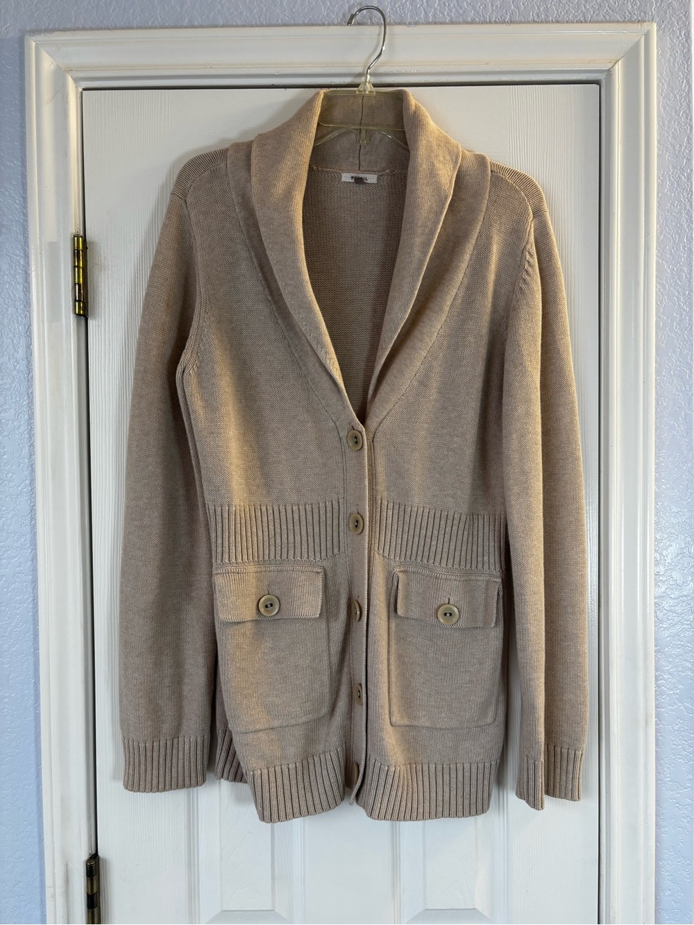 Vintage Fossil Shawl Collar Ribbed Knit Cardigan Sweater Beige Oatmeal Sz XL